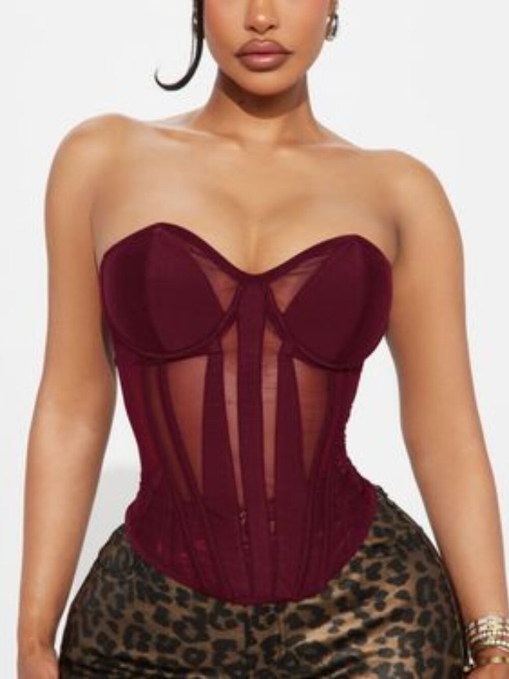 Zelia Mesh Corset Top - Burgundy - L